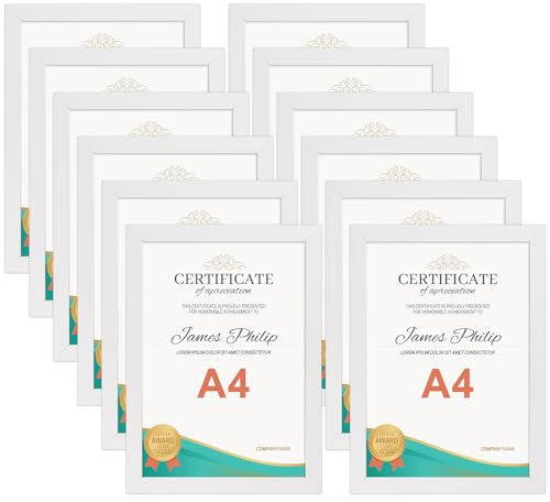 EXYGLO 12 Pack White A4 Picture Frame Set, Versatile A4 Photo Frames - Ideal for Wall or Desk Display of Certificates in Home and Office