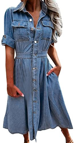 Jeansklänning midja dam - långa jeans sommarklänning - jeansklänningar dam sommar knälång med fickor omlottklänning A-linje elegant fritidsklänning 1/2 ärm klänning knappar