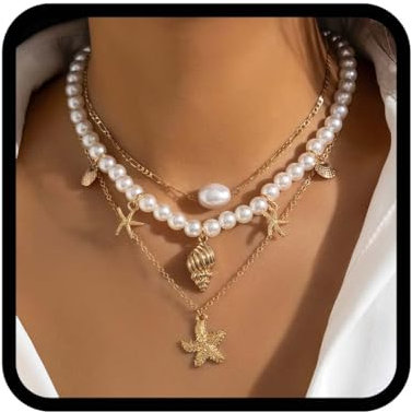 Reaky Boho-Perlenketten, goldene Seestern-Halskette, mehrlagige Muschel-Anhänger-Halsketten, 3-teilig, Sommer-/Strandschmuck für Damen