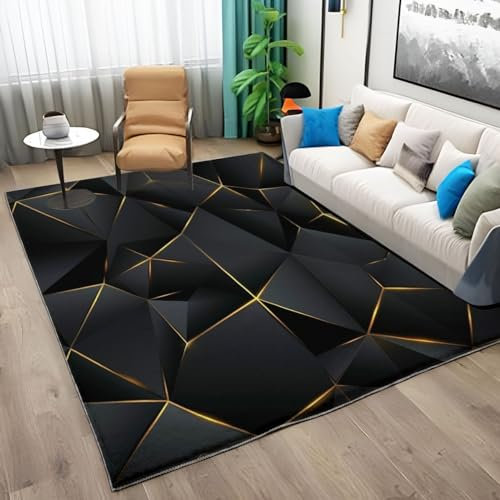 Schwarzes Gold Teppich Wohnzimmer Schlafzimmer Kurzflor Teppiche 180x240cm, Waschbar in Waschmaschine Weich rutschfest Teppich Geometrische Linien Design Teppich für Küche Esszimmer