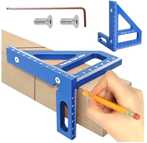 3D Multi Angle Measuring Ruler, 45° & 90° Degree Triangle Layout Scriber, Aluminum Alloy Miter Triangle Ruler Woodworking Measuring Tools, Woodworking Square Protractor for Engineer Carpenter (Blue)
