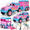 G.C Pferde Transporter Spielzeug Geschenke für Mädchen 3 4 5 6 Jahre, 1:16 Rosa Pferdetransporter mit Geräuschen Lichtern & Pferdeanhänge & Einhorn, Pferde Mädchen Spielzeug Geschenk Weihnachten