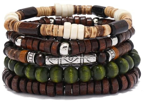 Aijewelop 5pcs Womens Mens Wooden Bead Bracelet Set - Funky Style, Beads Bracelets for Father'S Day, Mother'S Day, Christmas, Birthdays, Thanksgiving Gift