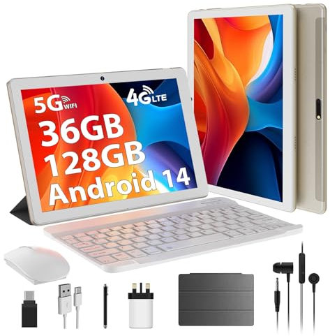 AXETOP 10 Inch Tablet Android 14, 36GB+128GB(TF 1TB), Octa-Core 2.0 GHz, 2 SIM Card Slots & WiFi 5G/2.4G, Google GMS, Battery 8000mAh, Dual Camera 8MP+5MP, Tablet with Case, Keyboard, Mouse&Pen (Gold)
