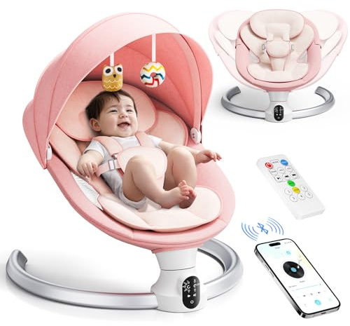 Aoykkii Electric Baby Bouncer Chair with Mobile App Control,Remote Control and IMD Touch Panel,Electric Baby Swing with 5 Swing Amplitudes 3-Stage Timer,Soft Padded Lamb Newborn Bouncer (Pink)