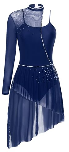 CHICTRY Lyrical Dance Costume One Shoulder High Low Modern Contemporary Dance Dress for Women Girls Navy Blue S