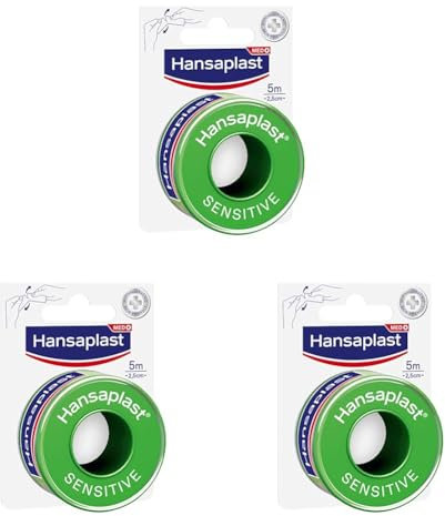 Hansaplast Fixierpflaster Sensitive (5 m x 2,5 cm), hypoallergenes Tapeband zur hautfreundlichen Fixierung von Wundverbänden, Heftpflaster Rolle mit starker Klebkraft (Packung mit 3)