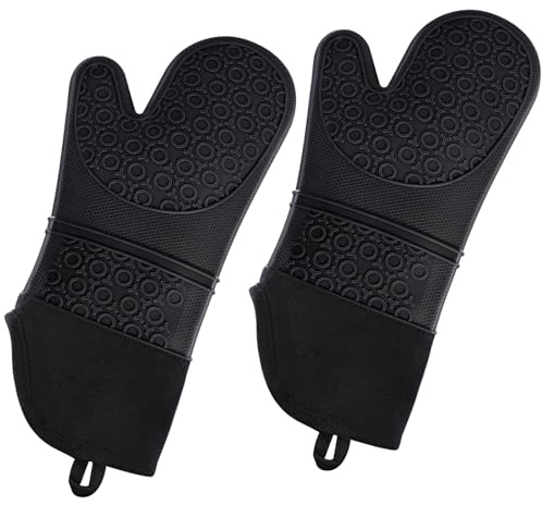 Alimat PluS Silicone Oven Gloves Heat Resistant, Oven Mitts with Cotton Lining for Baking, Cooking (Black)