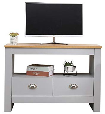 Kingwudo® Wooden Corner TV Unit TV Stand Storage Cabinet with 2 Drawers Small Space Modern for Living Room Furniture (Grey+Oak Color)