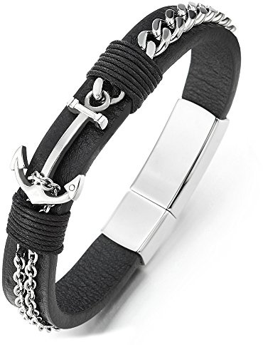 COOLSTEELANDBEYOND Mujer Hombre Acero Pulsera del Náutico Marina Cadena Ancla, Brazalete del Abrigo Cuero Negro