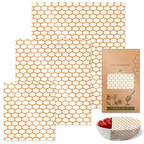 Conservación sostenible de alimentos con 3 envolturas de tela de cera de abeja naturales, lavables y reutilizables, suministros de cocina portátiles