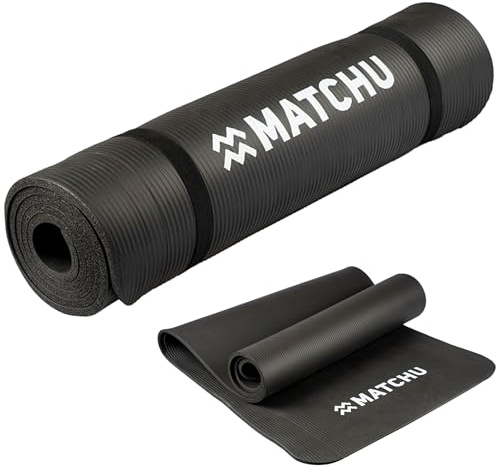 MATCHU – Fitnessmatte – Yogamatte – Sportmatte – Inklusive Tragegurt – Rutschfest – Grau – 180 x 60 x 1 cm – Aus strapazierfähigem NBR (Schwarz)