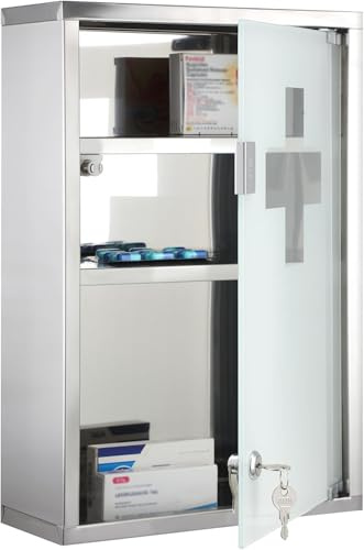 First Aid Wall Cabinet with Lock – Wall Mounted Medicine Cabinet with Safety Glass Door, 3 Shelves, Stainless Steel, Lockable Medical Storage for Bathroom, Home, Office – White