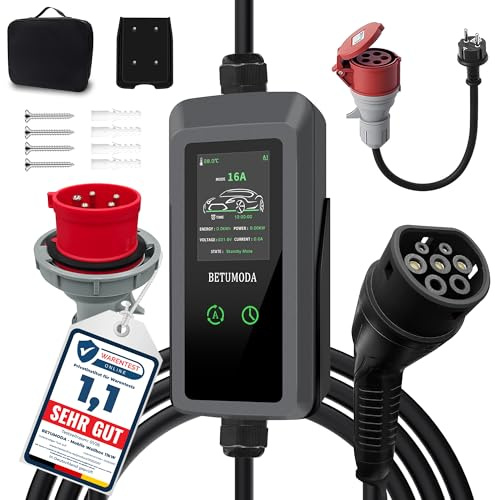 Mobile Wallbox 11kW [7m|3-phasig|8-16A], Ladekabel CEE 16A auf Typ 2,Einstellbar und Timer & Verzögerung. IP65 Wasserdicht, EV Ladegerät für Model Y/3, ID.3/4/5, MG4, EX30, e-up, e-tron und BEV/PHEV