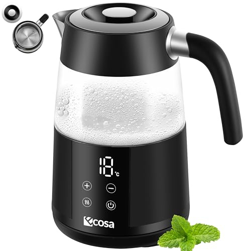 Ecosa Bollitore con regolazione della temperatura, vetro in acciaio inox, 2.200 Watt, 1,7 litri, senza BPA, con selezione della temperatura 40 °C a 100 °C, funzione di mantenimento del calore, sensore