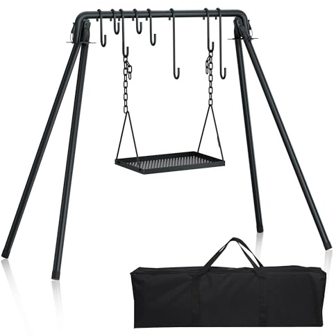 RELIANCER Grill Swing,Campfire Grill Cooking Stand w/8 Hooks & Storage Bag,Cast Iron BBQ Party Swing Grilling Cooking Rack,Outdoor Picnic Camping Cookware Hanging Rack,Collapsible Bonfire Barbecue Set
