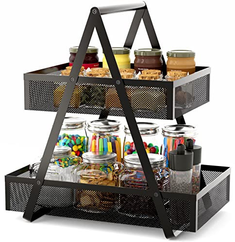 EKNITEY 2 Tiered Fruit Bowl Basket - Metal Snack Storage Kitchen Countertop Organiser Small Coffee Station Organiser for Home, Picnic, Office (Black)