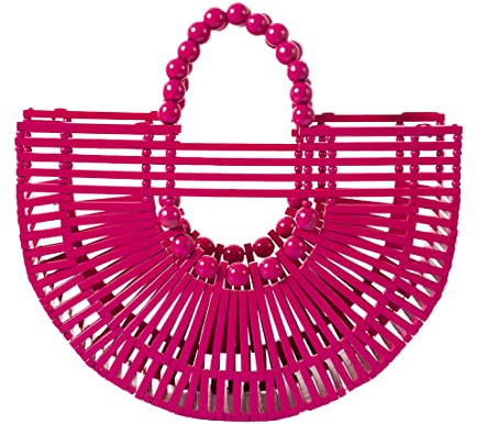 Womens Bamboo Handbags with Wooden Beads Tote Bag, Handmade Straw Bag for Summer Beach, Rose Red, L