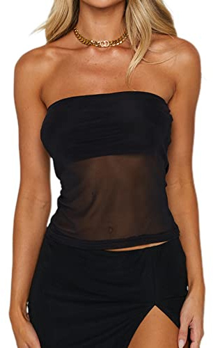 CSDAJIO Women's Sexy Sheer Mesh Tube Top Strapless Bandeau Tops See Through Going Out Crop Top Black Small