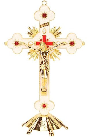 Kruzifix aus Metall, Extra Großes Stehendes Kruzifix Im Retro Stil mit Sockel für Christliche Häuser