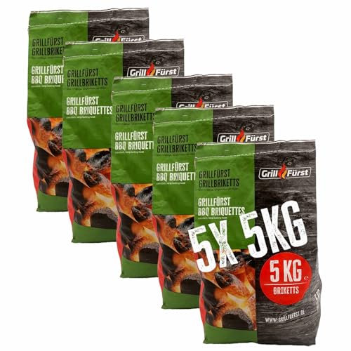 Grillfürst Grillbriketts 25 kg - nachhaltige Briketts in großer Stückelung und mit hohem Brennwert, saubere und effiziente Verbrennung, 5 x 5 kg