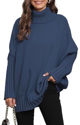 QUNERY Pull Femme Oversize Col Roulé Doux et Chaud Taille Unique Couleur Unie Pullover Hiver Épais Décontracté et Tendance Pull A-Bleu Foncé
