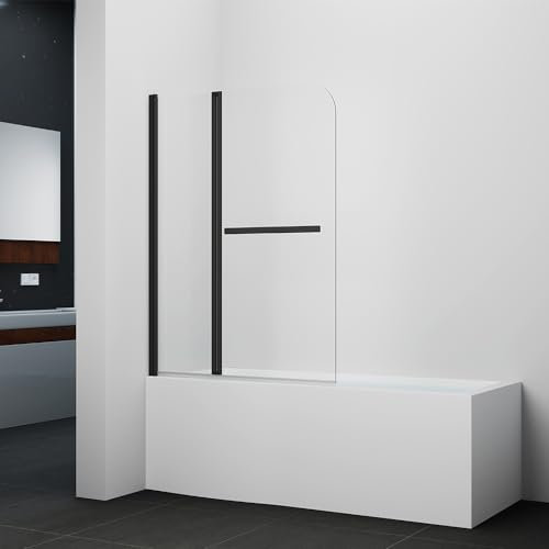 Marwell Parete pieghevole per vasca da bagno Black Vital 2, 100 cm x 140 cm x 10 cm, elemento in vetro di sicurezza da 6 mm, profilo in alluminio nero opaco e portasciugamani integrato