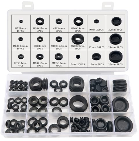 YIXISI 125 PCS 18 Sizes Rubber Grommets Kit, Conductor Gasket Ring Grommets, Black Rubber Hole Plugs Electrical Wire Gaskets, for Protecting Wires, Plugs and Cables