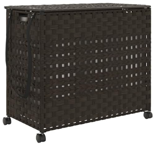 vidaXL Wäschekorb, Wäschesammler mit Rollen Deckel, Klappbar Wäschebox mit 3 Fächern Innentasche, Wäschetruhe Wäschetonne, Dunkelbraun 66x35x60cm Rattan