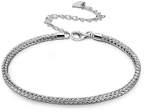 Dankadi Bracelet de Cheville en 925 Argent 3MM 4MM 4.5MM 5MM 6MM, Chaîne 27CM 30CM Chopin Torsadé Cubain Boîte Rolo Serpent Fermoir Figaro Cadeau Bijoux pour Femme (2MM 30CM, Chaîne Chopin Argent)