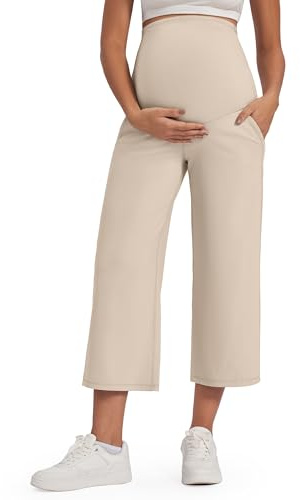 G4Free Wide Leg Maternity Trousers Over The Belly Capris Yoga Pants for Women UK Stretch Lounge Pregnancy Cropped Work with Pockets