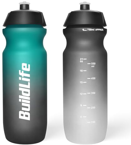 BuildLife Sport Water Bottle 2 Pack, 750ml Squeeze Bottle, BPA Free & Leak Proof Hand wash Cycling Bottles for Working Out, Fitness, Hiking, Outdoor Sports (GreenBlack+BlackWhite)