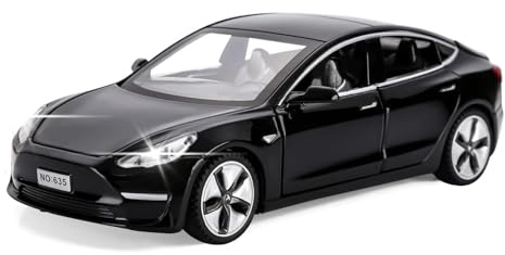 MODVKVK Tesla Model 3 1:32 modellbil, leksaksbil med ljus och musik, retdragfunktion, legeringsformgjutning, perfekt för barn från 3 år och samlare (svart)