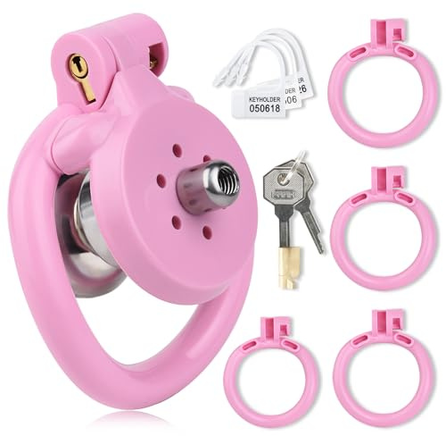 Cage de Chasteté Inversée Cage Chastetée avec Prte Urinoir et 4 Anneaux Différents Ceintures de Chasteté avec Serrure Invisible et Ceinture pour Restreindre le Pénis d'un Homme Sex Toys (A,Pink)