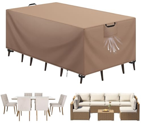 Aujink Funda Mesa Exterior Impermeable, Funda para Muebles de Jardín, Cubierta para Muebles de Jardin Tela Oxford 420D Anti Viento Anti UV Funda Protectora Mesa Exterior, Caqui,242x162x100cm