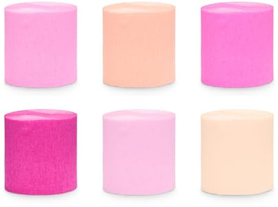 Lot de 6 rouleaux de ruban crépon rose pêche - 10 m de long - 5 cm de large - Serpentins en papier crépon pour anniversaire de fille, fête prénatale, JGA, décoration de fête et bricolage