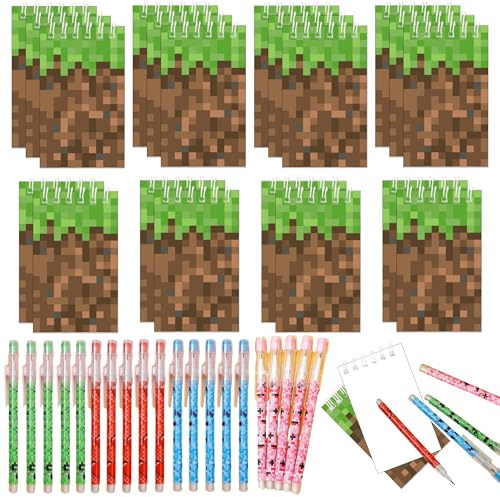 Echoglimmer 40 PCS Pixel Theme Party Favors | Mini Party Supplies 20 Pencils & 20 Miner Theme Notepads | Birthday Pixel Goodie Bag Favors | Decorations