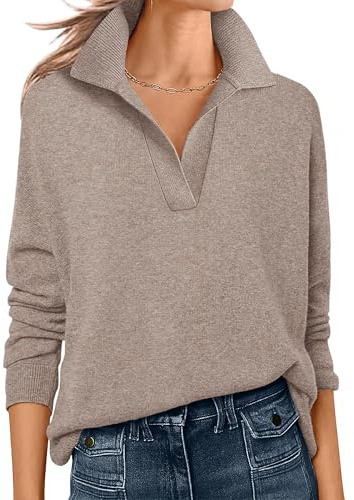 ANRABESS Womens Polo V Neck Long Sleeve Sweaters Lightweight Dressy Casual Business Basic Knit Pullover Top 2025 Fall Outfits Tan Small
