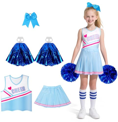 DiULi Cheerleader-kostym, Cheerleader Cheerleader Cheerleader kostym barn klassisk Cheerleading-uniform 5-delat set med pompoms, topp, kjol, strumpor och pannband för fin utklädnad outfit