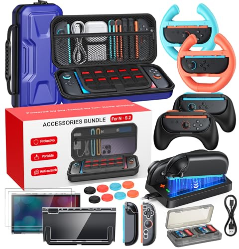 [20-in-1] switch 2 accessoires, étui de transport, chargeur de manette Switch 2, protecteur d'écran, poignées pour Joy Con, volants pour Mario Kart, étui de protection transparent (Blue)