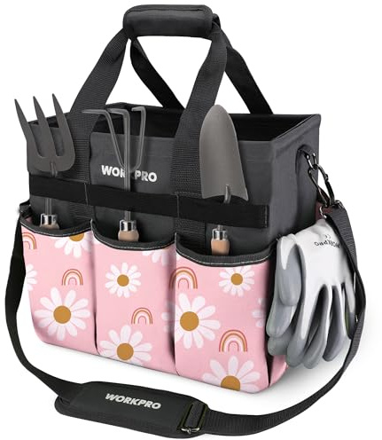 WORKPRO Garden Tool Bag Organizer, Heavy Duty Gardening Tote Bag with 10 Pockets and Long Adjustable Shoulder Strap, Standable Garden Home Tool Kits Organizer, Floral Pink (Tools are not included)