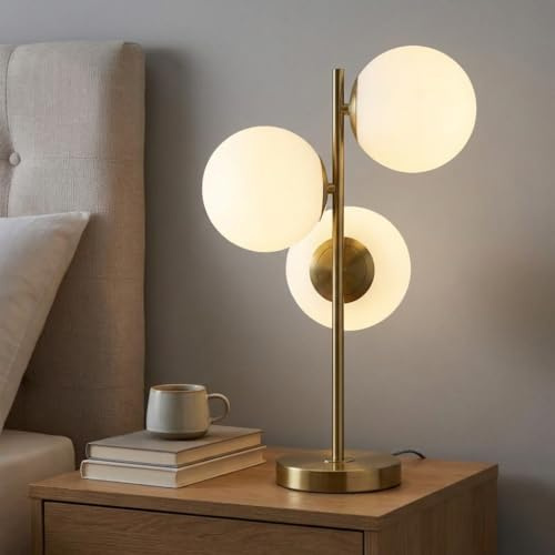 B·LED BARCELONA LED Lámpara de mesa ROM con triple esfera de cristal opalino Ø15cm, diseño moderno en dorado, compatible con bombillas E27, ideal para salón, dormitorio, escritorio, oficina