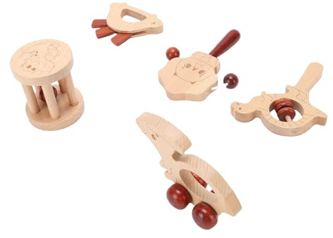 Focket Sonajero para bebé, Madera Natural, Masticación Segura, Diseño Multifuncional de Campanilla, Juguetes Montessori para Bebés de 0 a 6 Meses, Juguetes de Madera para Bebés con Juego de 5 Piezas