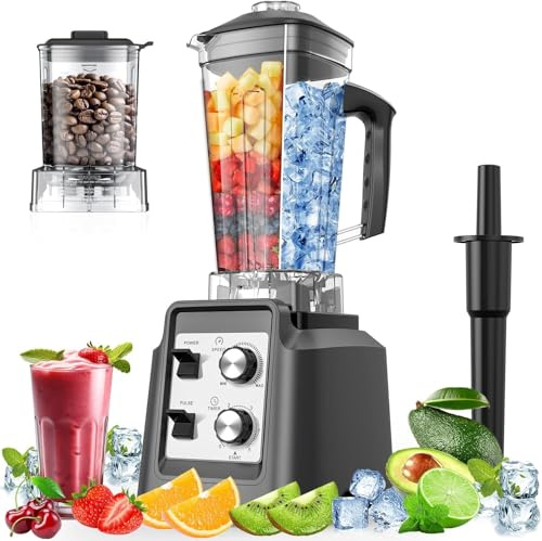 Teendow Frullatore da 1800 W, frullatore da tavolo con contenitore da 2,0 litri + macinino da caffè da 600 ml, adatto per tritare gelati e frutta congelata, senza BPA (argento)