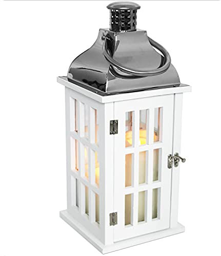 K + M Holz Laterne mit Metalldach 40x17x17cm Gartenlaterne Holzlaterne Windlicht mit Henkel Holzgestell mit Glasfenstern Kerzenhalter Gartenbeleuchtung Dekoration