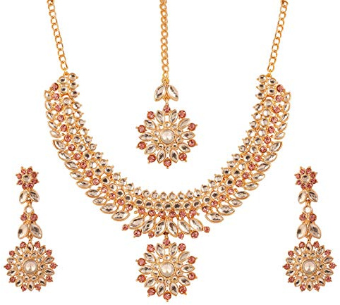 Touchstone indiska Bollywood traditionellt hantverk Mughal Era Kundan Look Fuchsia färg Bröllopssmycken Designer Smycken Bröllop Halsband i guld ton för kvinnor.