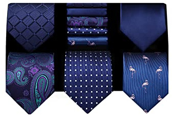 HISDERN Corbatas de Hombre Azul y Pañuelo - 5 Juegos de Corbatas y Pañuelos Modernas Corbata Seda 8,5 cm 150 cm con Caja de Regalo