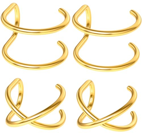PAGOW 4x Fake Helix Ear Cuff Cartilage Earring No Piercing Earcuff, 925 Sterling Silver,14K Simple Criss Cross Double Lines Adjustable Minimalist Women Men Clip On adornment Gifts 2 styles (GOLD)