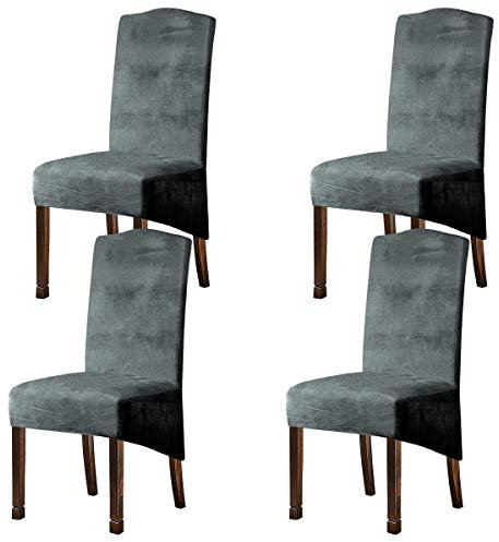 Velvet Plush XL Dining Chair Covers, Stretch Chaircover, Spandex High Chairs Protector Covers Seat Slipcover with Elastic Band for Dining Room,Wedding, Ceremony, Banquet (Light Grey, Set of 4)