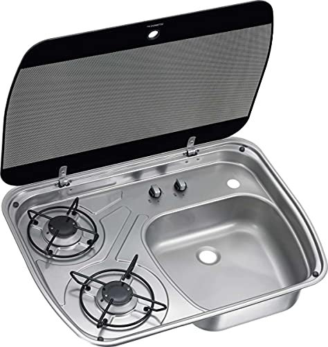 DOMETIC HSG 2445 - Placa de Cocina y Fregadero de Gas de 2 quemadores y Lavabo con Tapa de Cristal, 600 x 445 mm, para Caravana, Barco, Caravana y Autocaravana